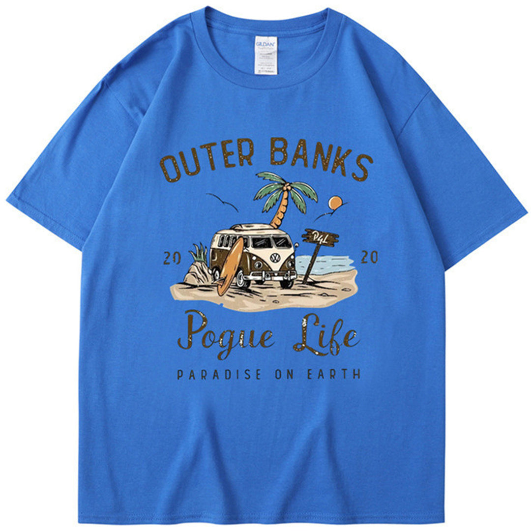 Outer Banks Bund Islands Retro Printed T-shirt Men's and Women's Street Round Neck Short Sleeve