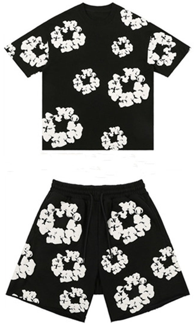 Street fashion printed two-piece cotton sportswear set with short sleeved shorts