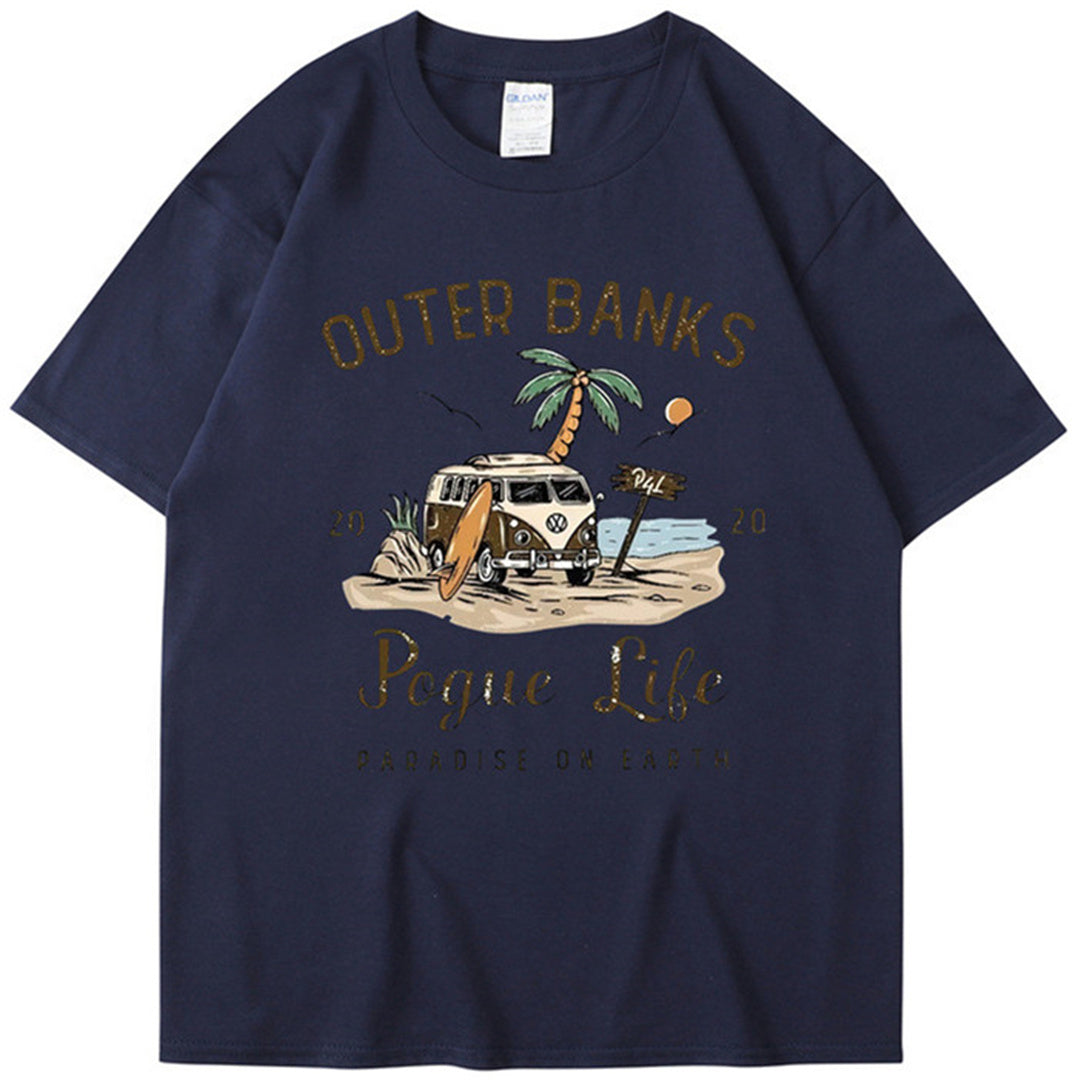 Outer Banks Bund Islands Retro Printed T-shirt Men's and Women's Street Round Neck Short Sleeve