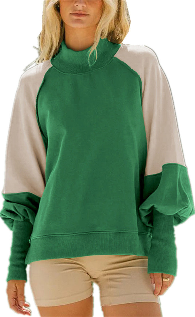 Women's contrasting color design lantern sleeve half high collar long sleeved pullover