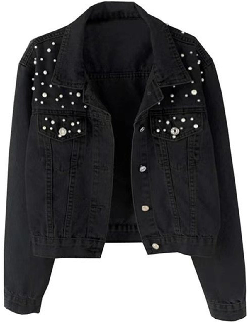 Women's Retro Denim Jacket Light Colored Cotton Denim Coat With Pearl Decoration