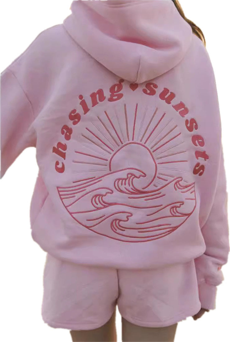 Chasing Sunsets Falling Shoulder Sleeve Hoodie With Printed Fashion Hooded Top