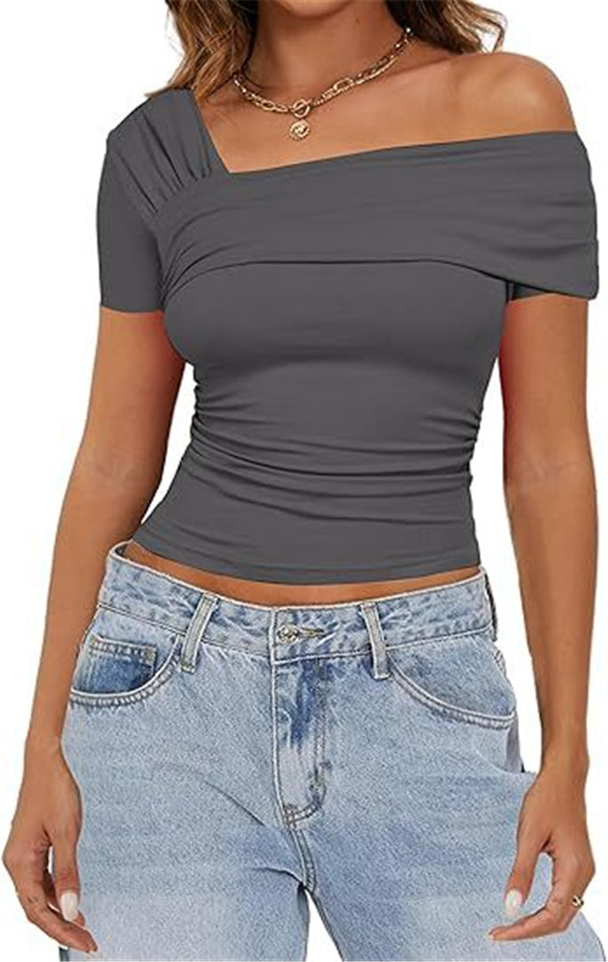 Womens sexy one shoulder cotton slim fit short sleeved elegant top party