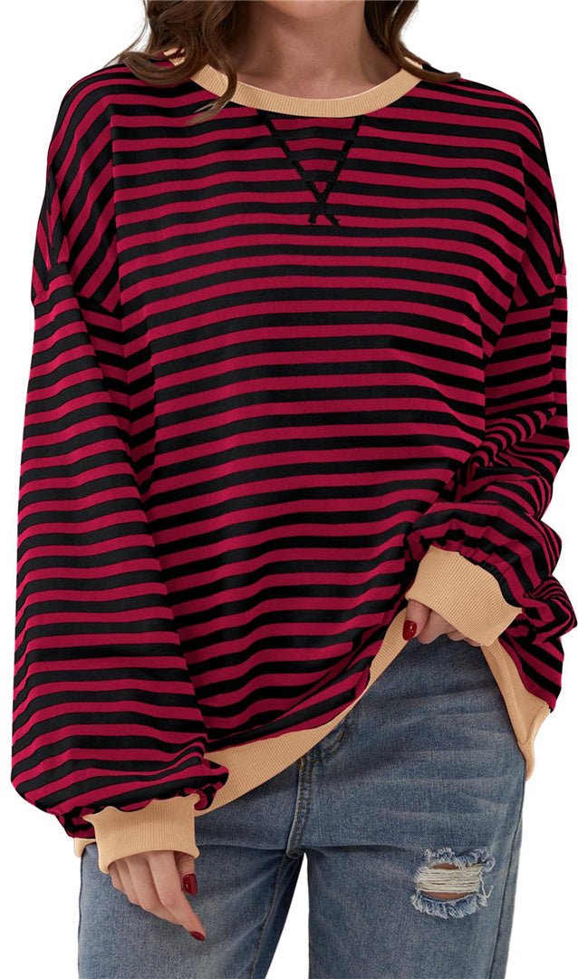 Casual new striped round neck trendy long sleeved pullover color blocked T-shirt S-XL