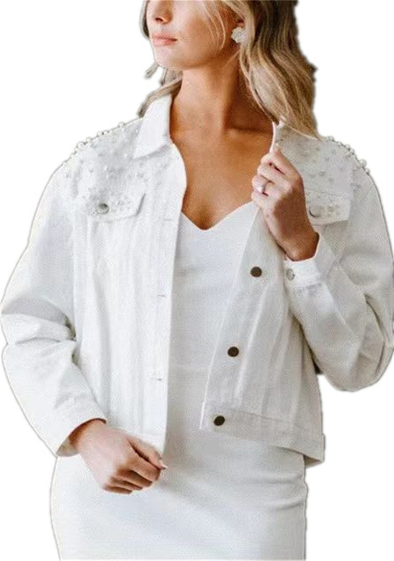 Women's Retro Denim Jacket Light Colored Cotton Denim Coat With Pearl Decoration