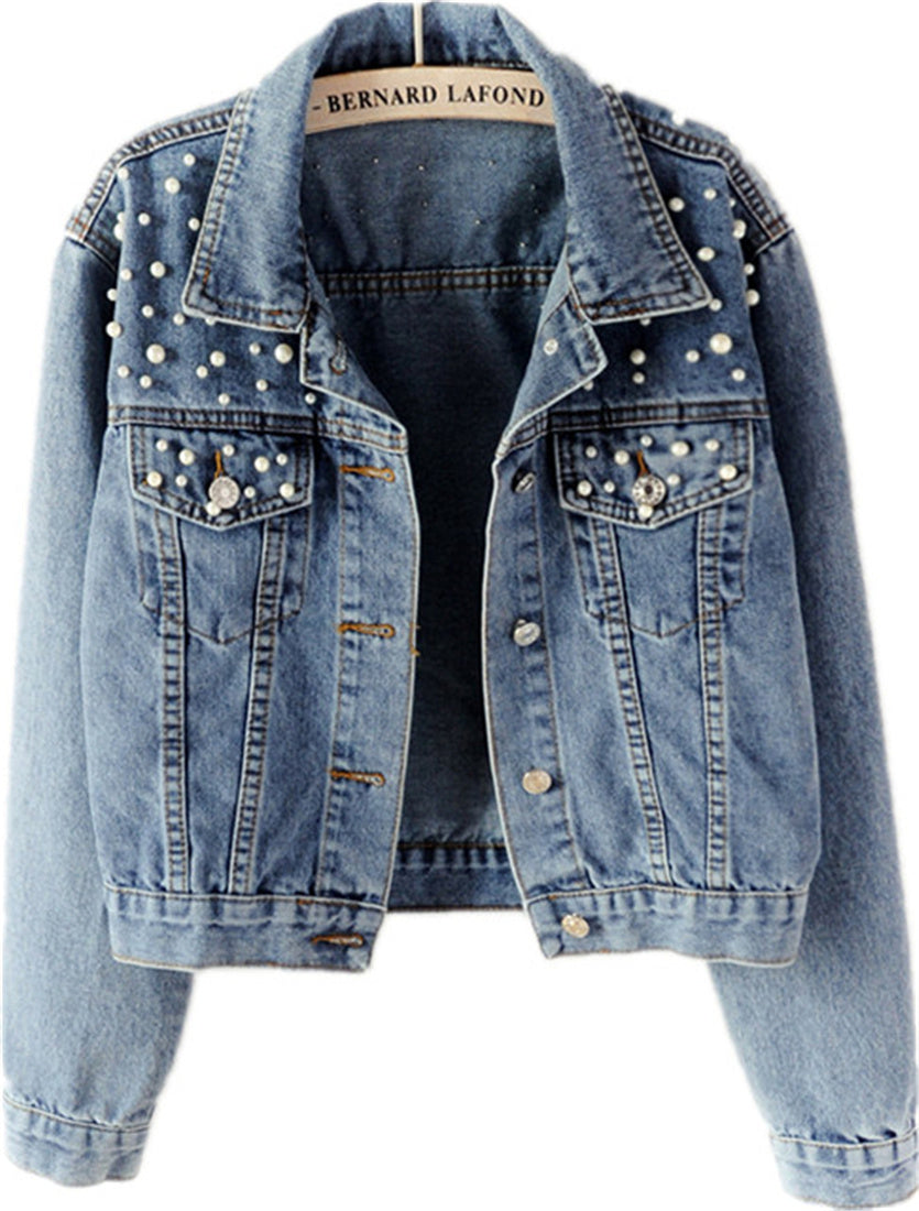 Women's Retro Denim Jacket Light Colored Cotton Denim Coat With Pearl Decoration