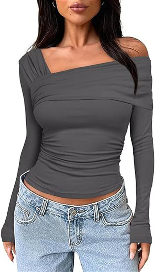 Womens Sexy Off Shoulder Cotton Slim Fit Long sleeved Top