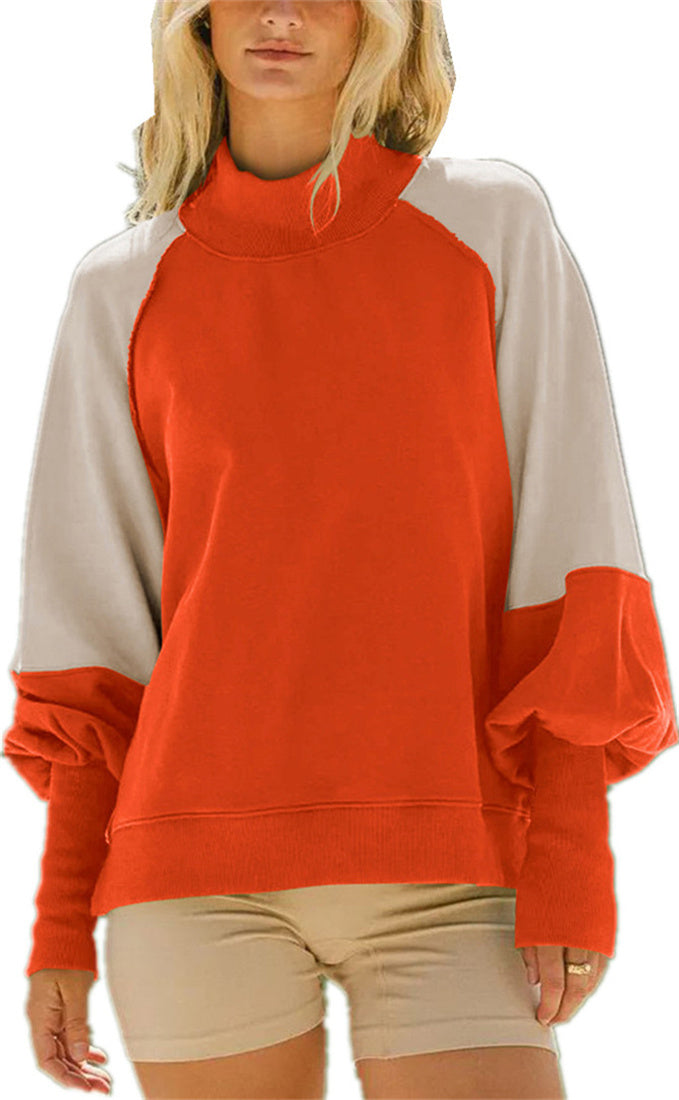 Women's contrasting color design lantern sleeve half high collar long sleeved pullover