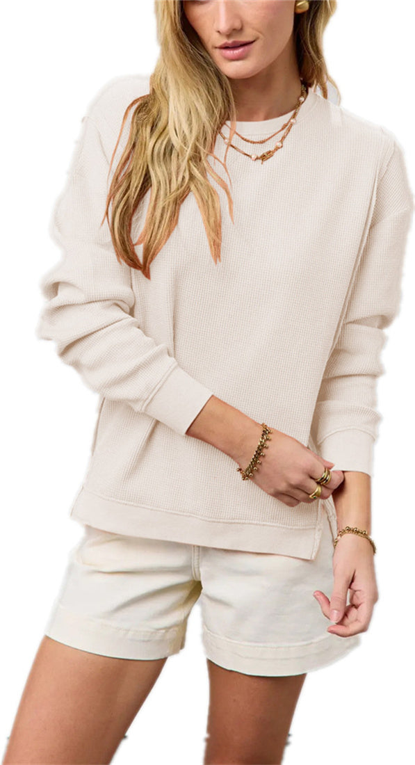 Women's round neck knitted sweater sweatshirt with slit long sleeved top