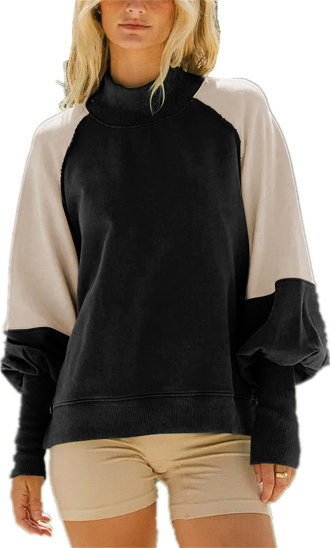 Women's contrasting color design lantern sleeve half high collar long sleeved pullover