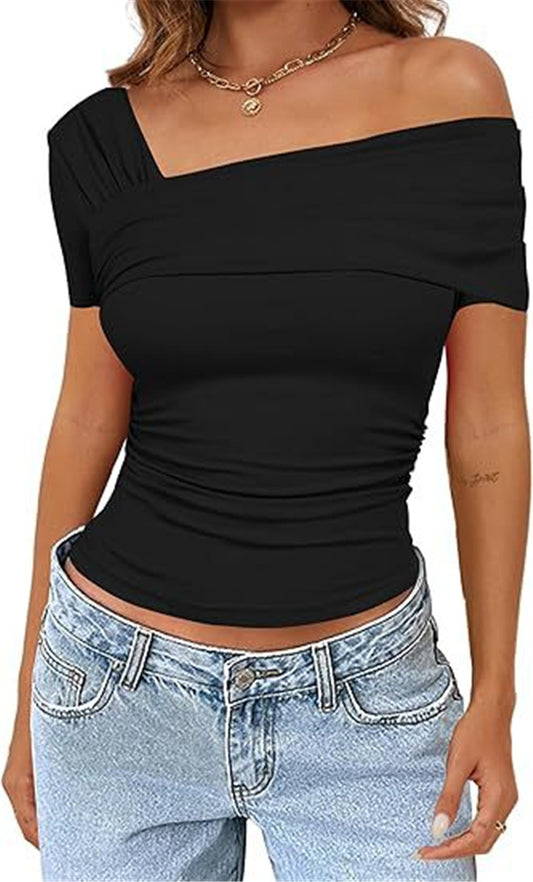 Womens sexy one shoulder cotton slim fit short sleeved elegant top party