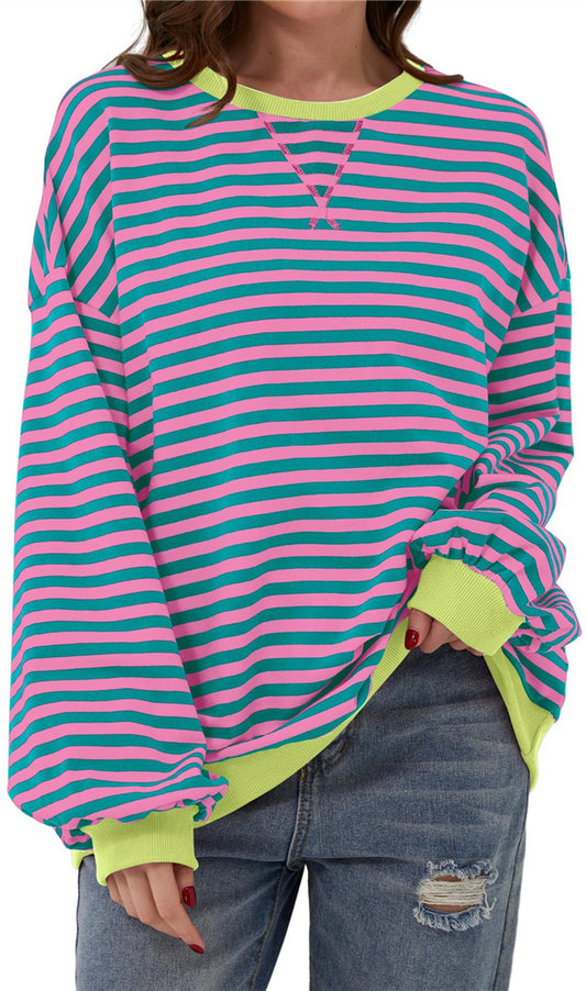 Casual new striped round neck trendy long sleeved pullover color blocked T-shirt S-XL