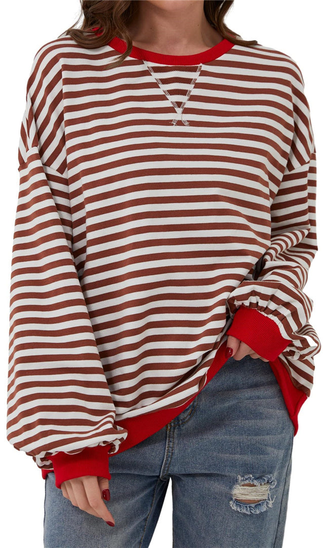 Casual new striped round neck trendy long sleeved pullover color blocked T-shirt S-XL