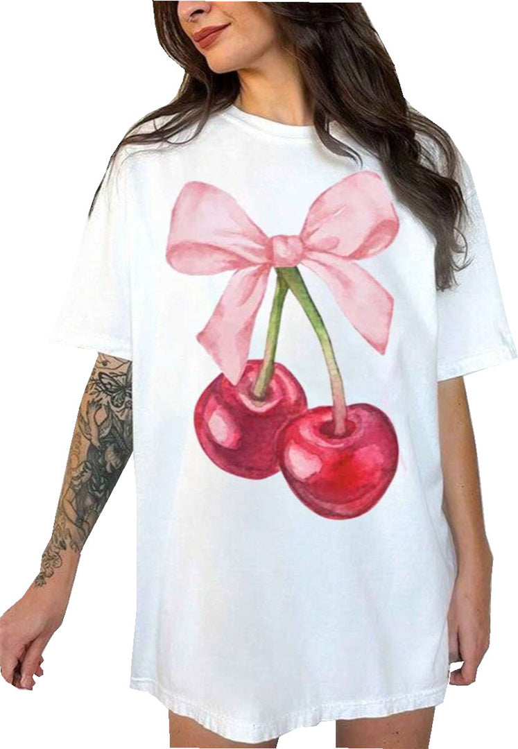 Women's Oversized Y2K Short Sleeved Bow And Cherry Print Casual Summer Shirt Kawaii Streetwear T-shirt