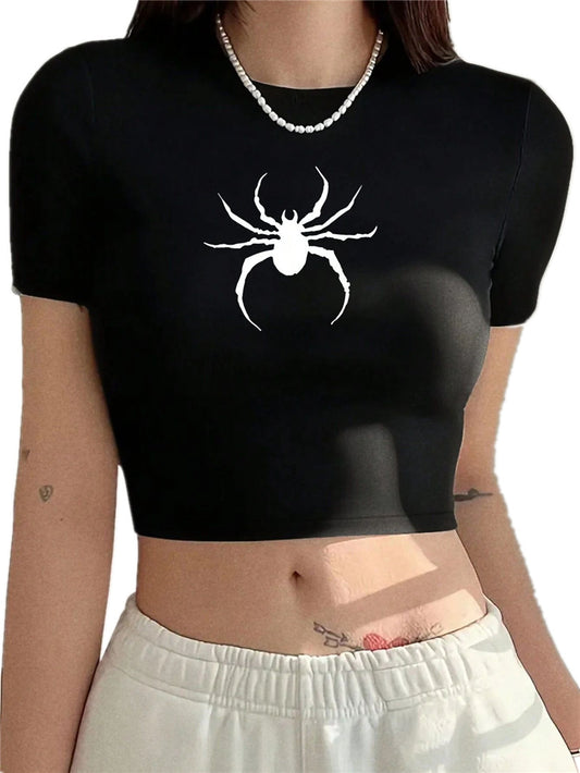 Womens Punk Retro Black Spider Pattern Goth Short T-shirt Y2K Summer Hot Girl Top