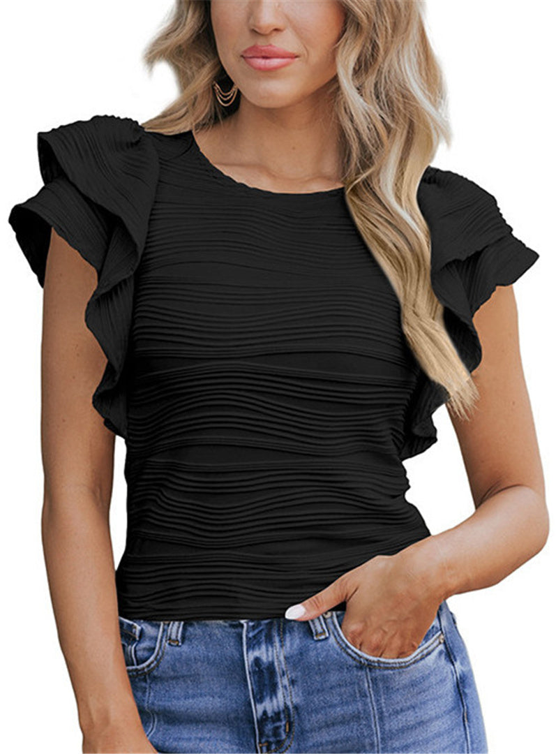 Fashion textured short sleeved T-shirt for women casual round neck pullover