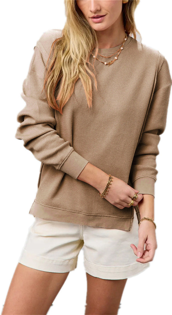 Women's round neck knitted sweater sweatshirt with slit long sleeved top