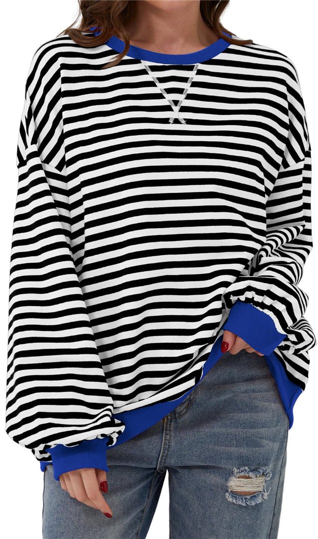 Casual new striped round neck trendy long sleeved pullover color blocked T-shirt S-XL