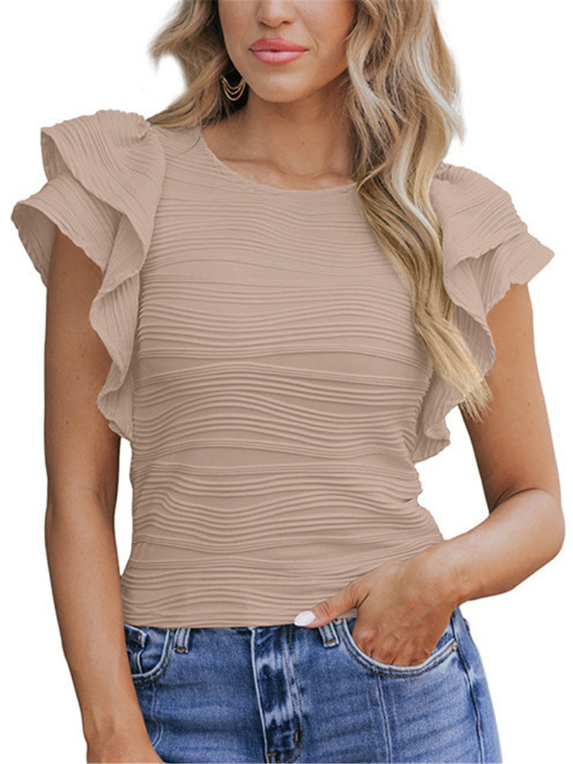 Fashion textured short sleeved T-shirt for women casual round neck pullover