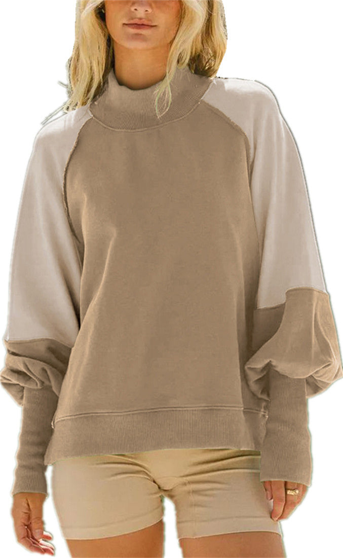 Women's contrasting color design lantern sleeve half high collar long sleeved pullover