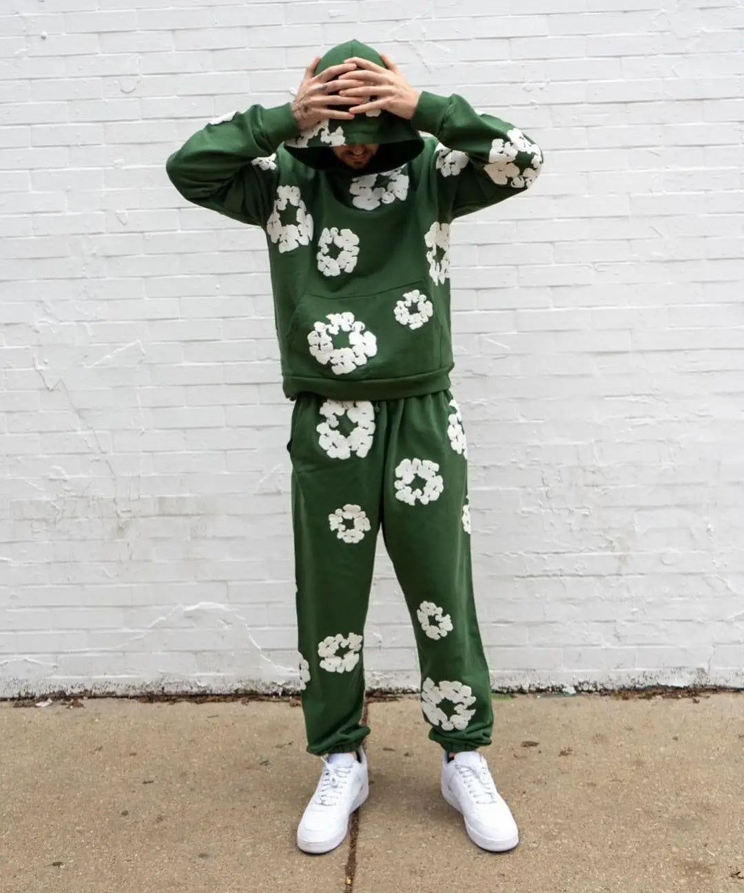 Fashion hoodie sweater foam flower print Harajuku street hip-hop sports suit