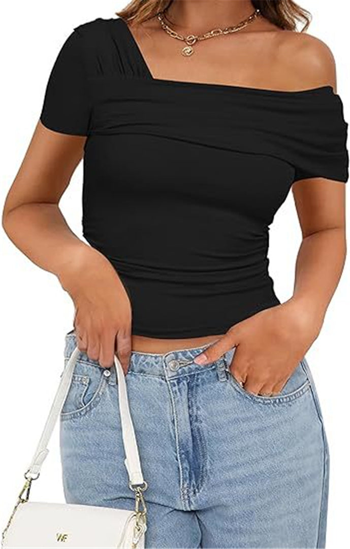 Womens sexy one shoulder cotton slim fit short sleeved elegant top party