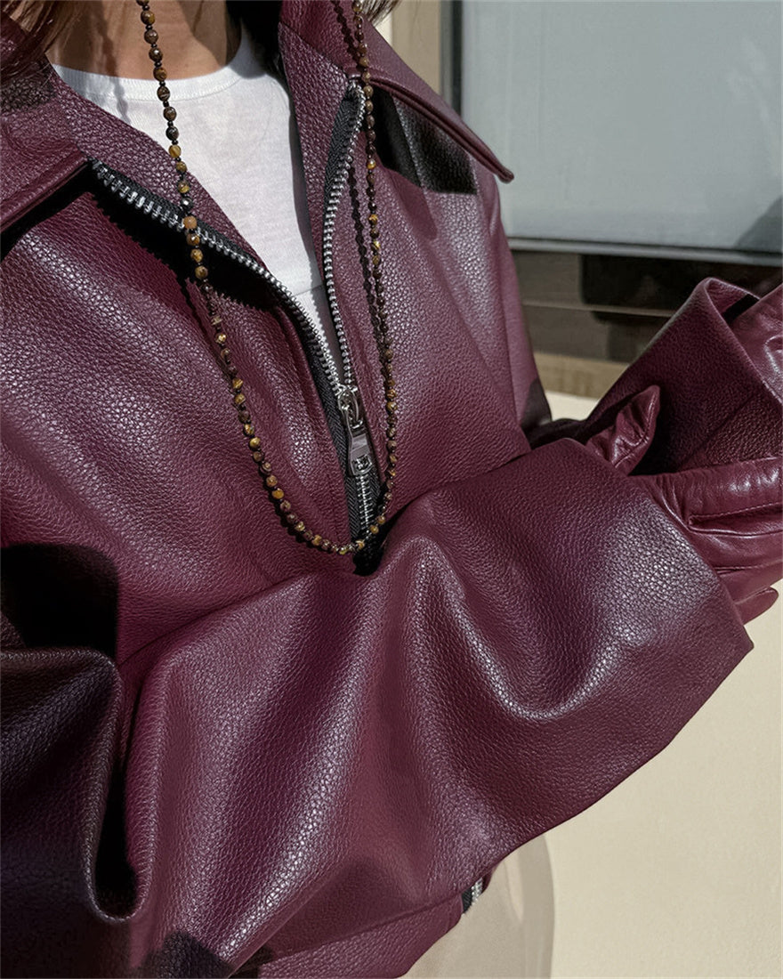 Retro motorcycle style burgundy leather jacket overcoat for women