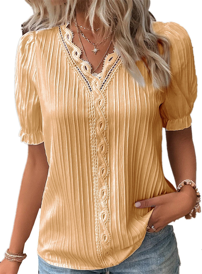 Women's Blouses & Shirts V-Neck Lace Splicing Hollow Bubble Short Sleeve