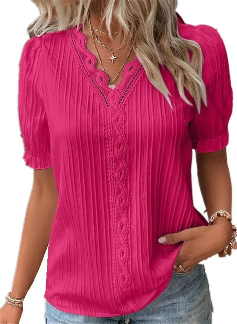 Women's Blouses & Shirts V-Neck Lace Splicing Hollow Bubble Short Sleeve