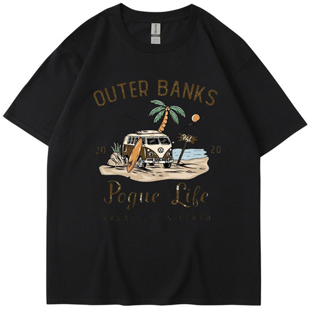 Outer Banks Bund Islands Retro Printed T-shirt Men's and Women's Street Round Neck Short Sleeve