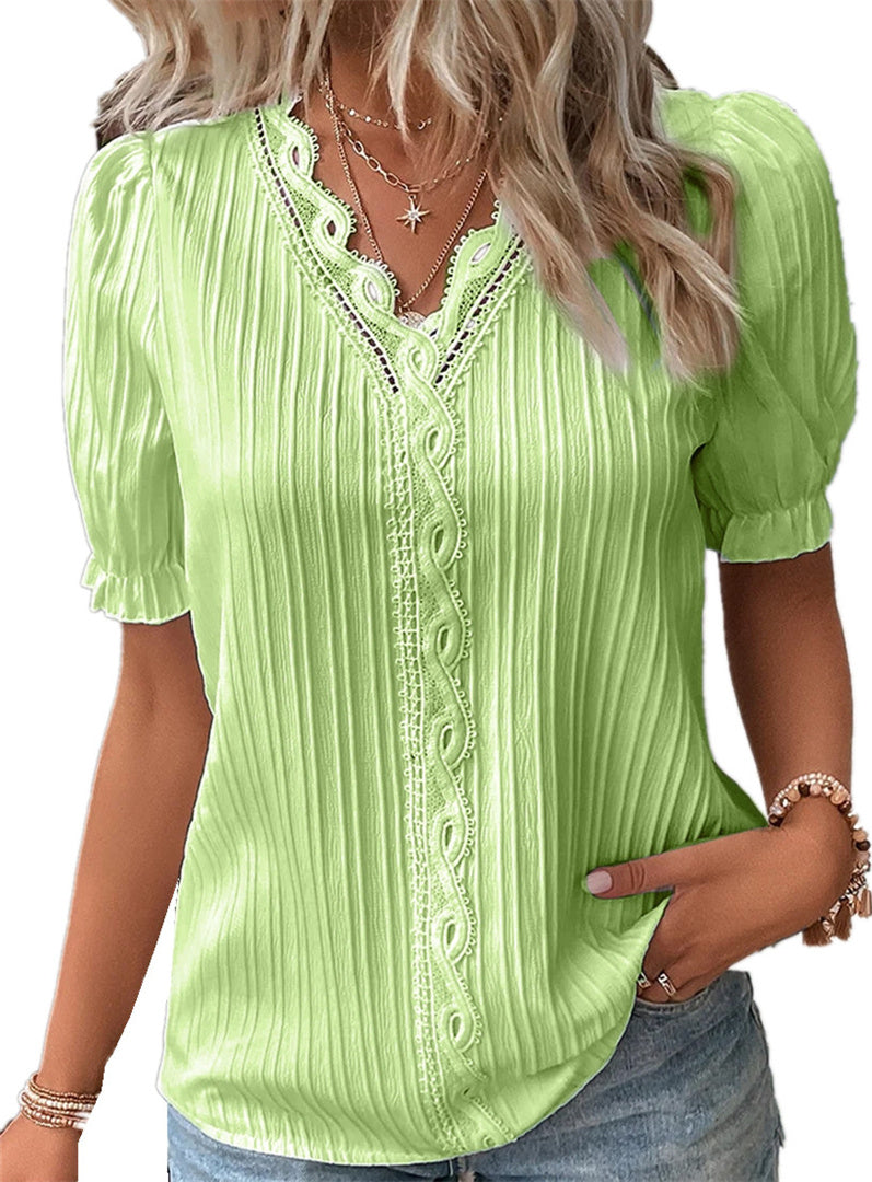 Women's Blouses & Shirts V-Neck Lace Splicing Hollow Bubble Short Sleeve