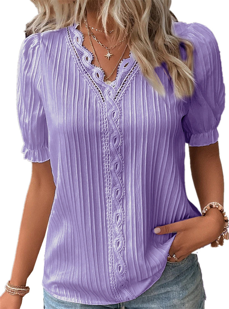 Women's Blouses & Shirts V-Neck Lace Splicing Hollow Bubble Short Sleeve