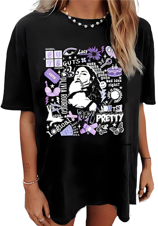 Womens Oversize Pretty Black Top Olivia Rodrigo Fashionable Hip-hop Loose T-shirt