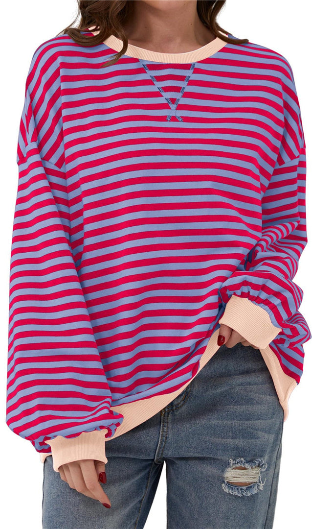 Casual new striped round neck trendy long sleeved pullover color blocked T-shirt S-XL