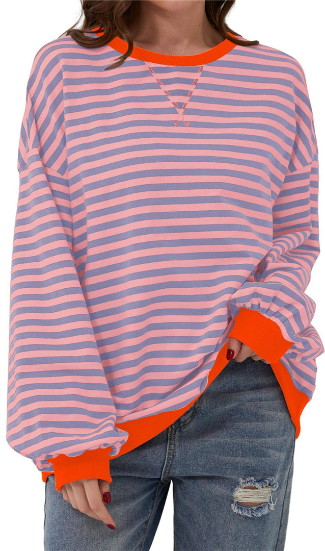 Casual new striped round neck trendy long sleeved pullover color blocked T-shirt S-XL