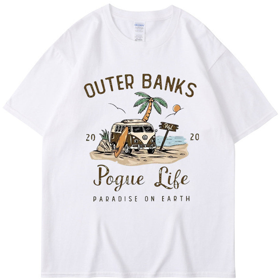 Outer Banks Bund Islands Retro Printed T-shirt Men's and Women's Street Round Neck Short Sleeve