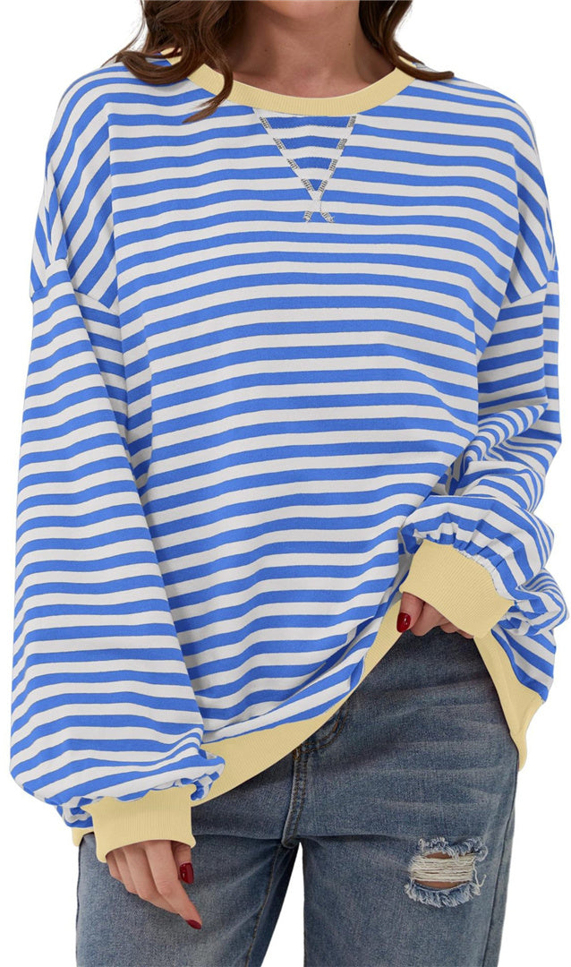 Casual new striped round neck trendy long sleeved pullover color blocked T-shirt S-XL