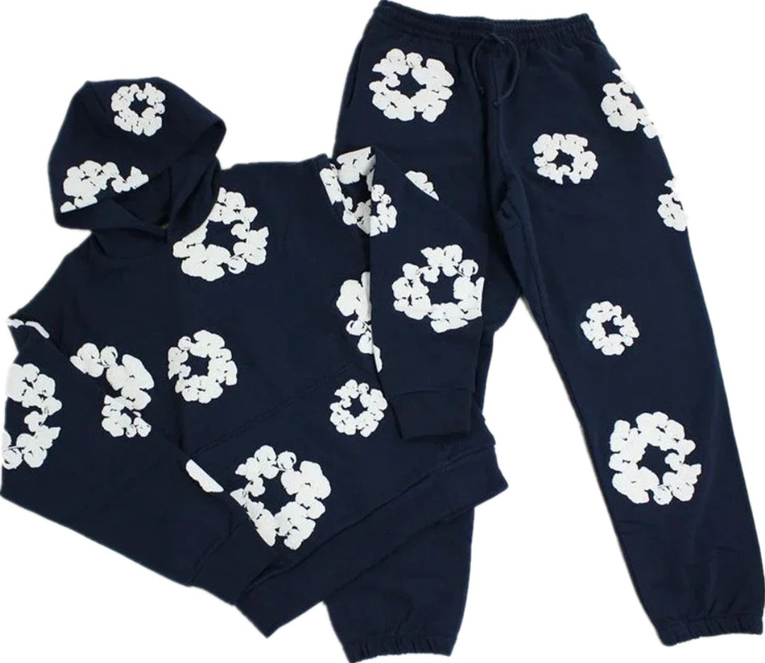 Denim Tears Fashion hoodie sweater foam flower print Harajuku street hip-hop sports suit